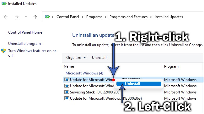 How to uninstall a Windows 11 update in Update history.