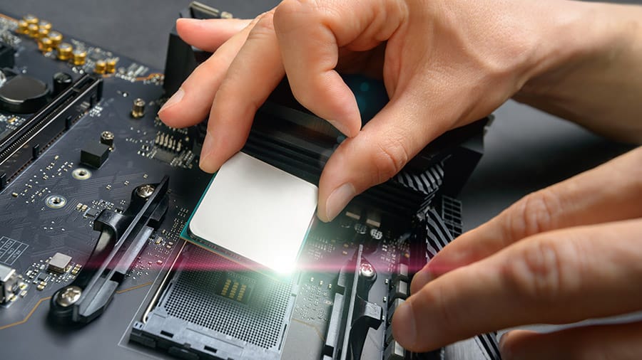A CPU being installed into socket.