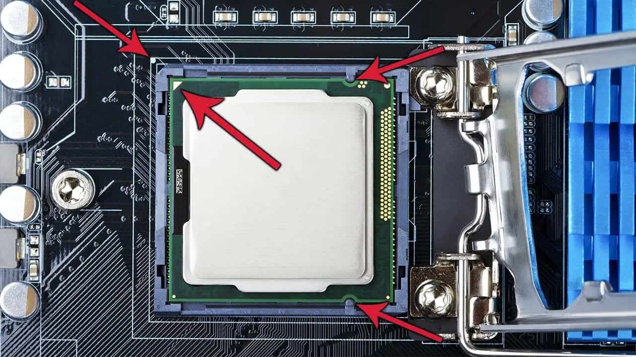 The markings and correct alignment or orientation for an Intel CPU without pins.