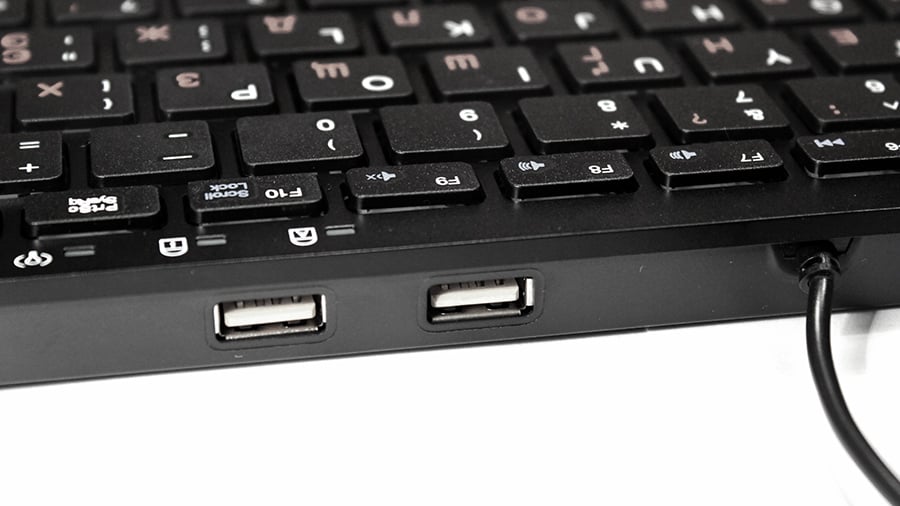 A keyboard with two USB ports.