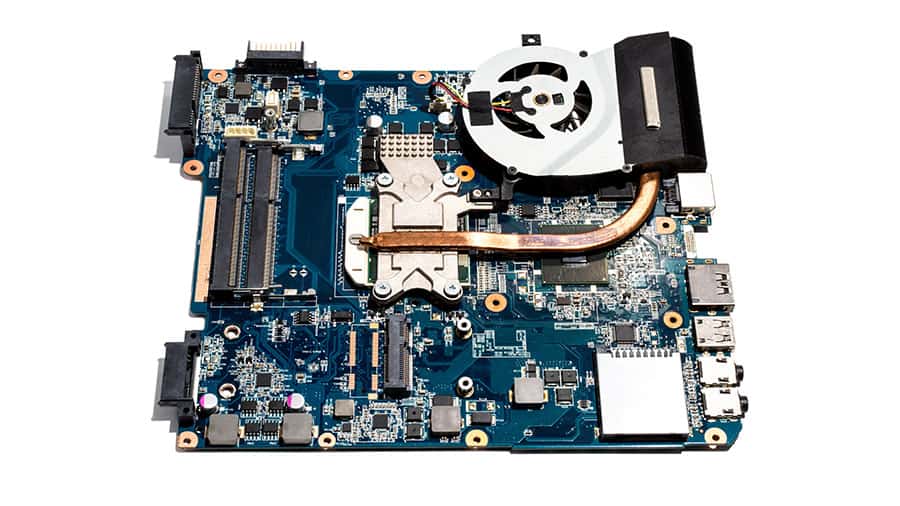 A laptop motherboard.