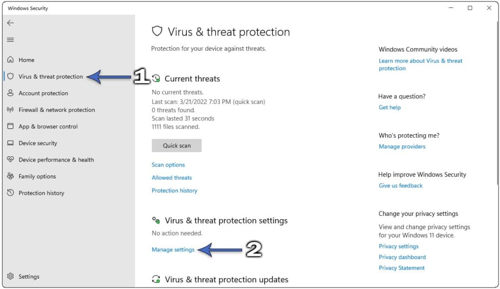 How to select Virus & threat protection and then the Manage settings link.