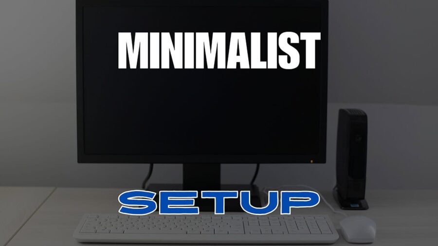 A visually appealing minimalist PC setup on a small desk in a modern home office, featuring a sleek ultra-wide monitor, a compact mechanical keyboard, a wireless mouse, and a clean cable-free surface. Creating a clutter-free and calming aesthetic with a light neutral background.