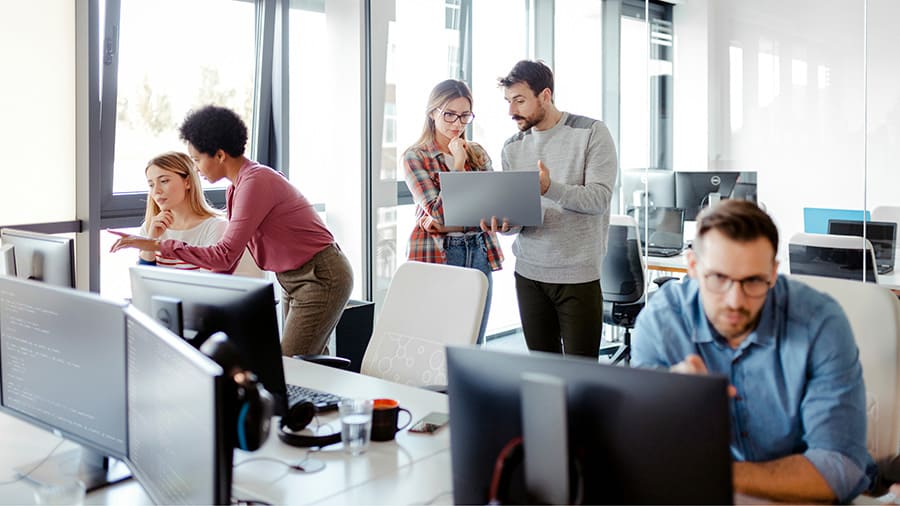 People using desktop PCs in a office.