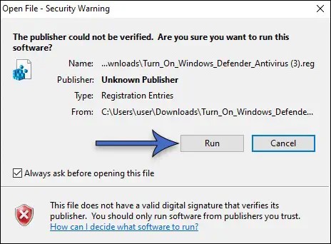 Select Run on unknown publisher file security warning.
