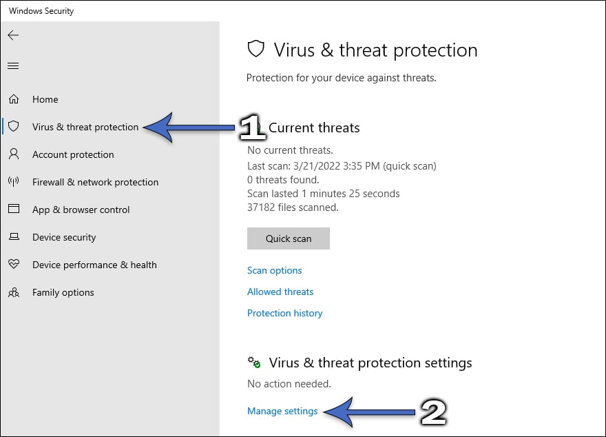 Select Virus & threat protection and open Manage settings.