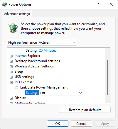 Turning off Link State Power Management in the Power Options of Windows 11.