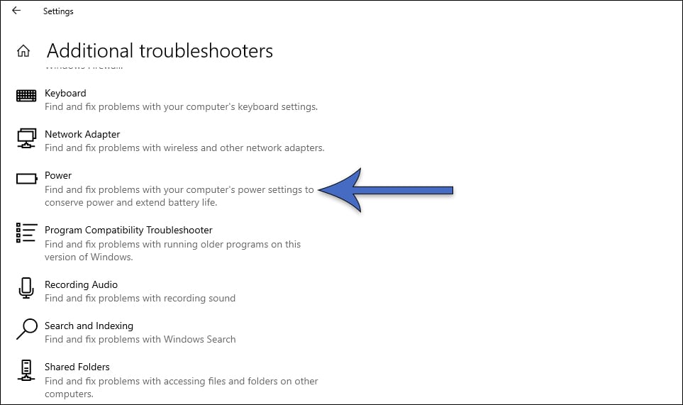 How to select the Power troubleshooter.
