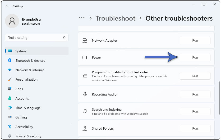 How to run the Power troubleshooter in Windows 11.