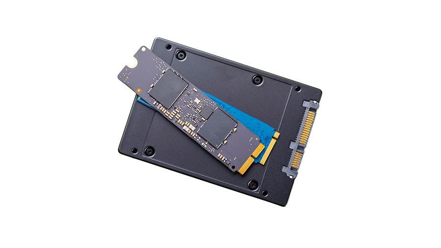An M.2 and SATA SSD is placed on one another.