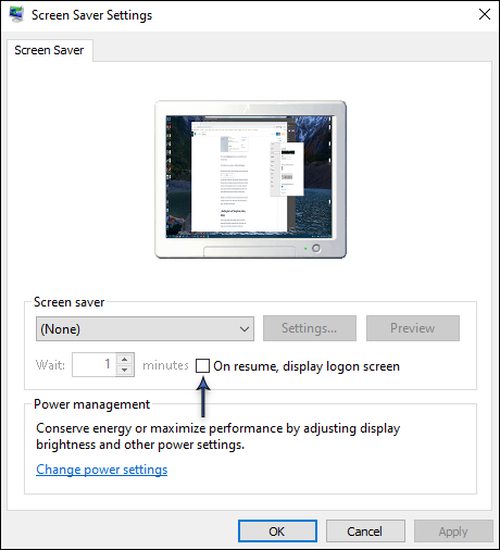 How to remove On resume, display logon screen setting.