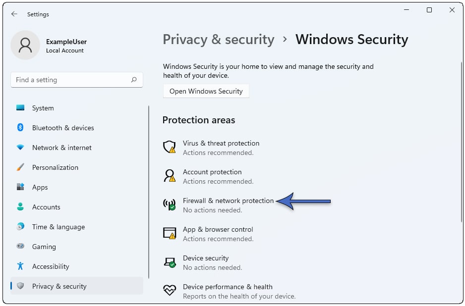 How to access Firewall & network protection settings.