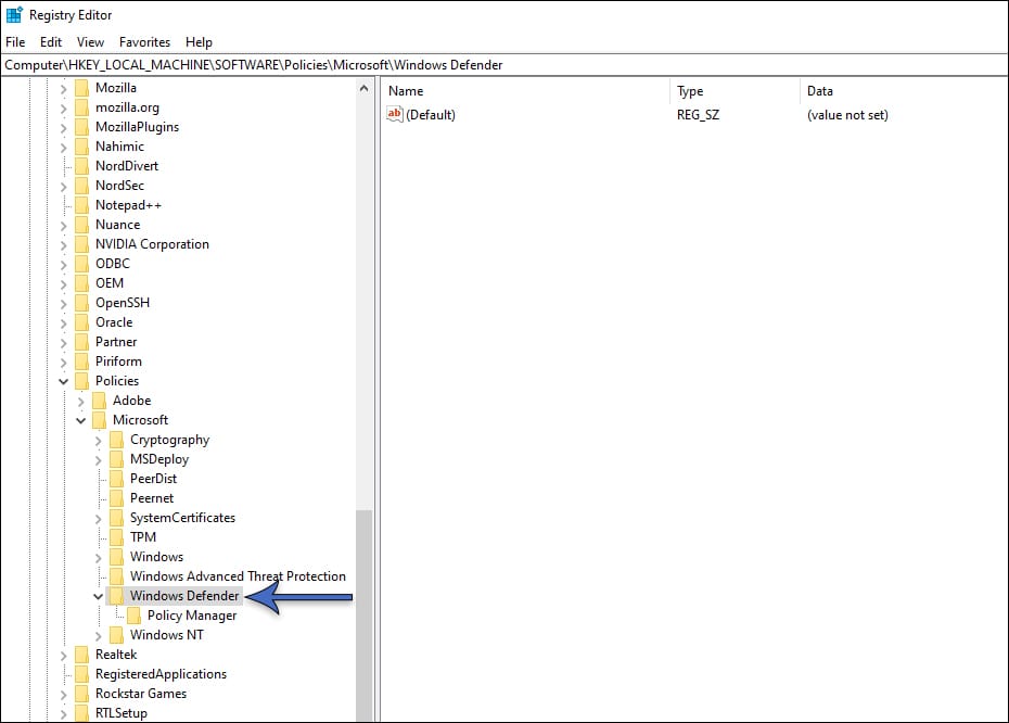 Select the Windows Defender folder in the Registry Editor.