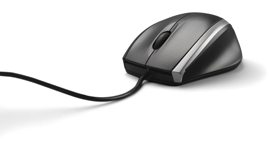 A standard wired computer mouse.