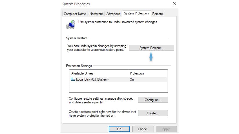 System Restore button in system properties panel.