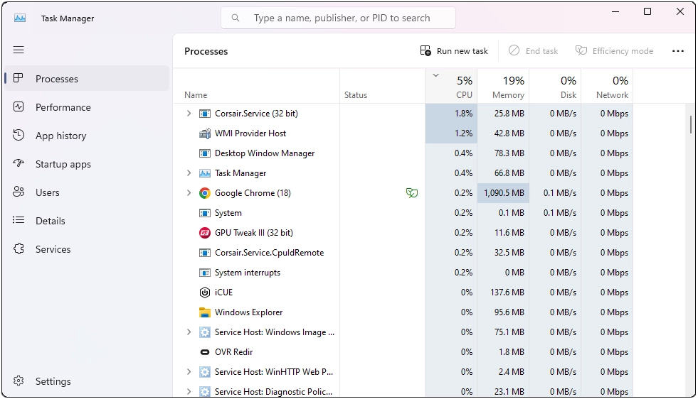 Task Manager with CPU intensive applications sorted first.