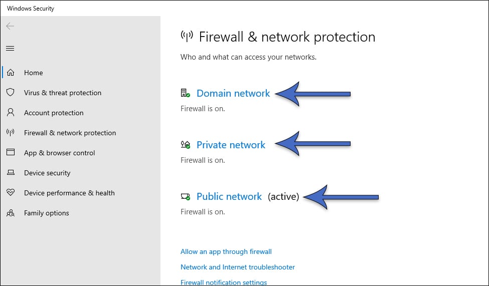 Select all three network firewall settings and toggle them off.