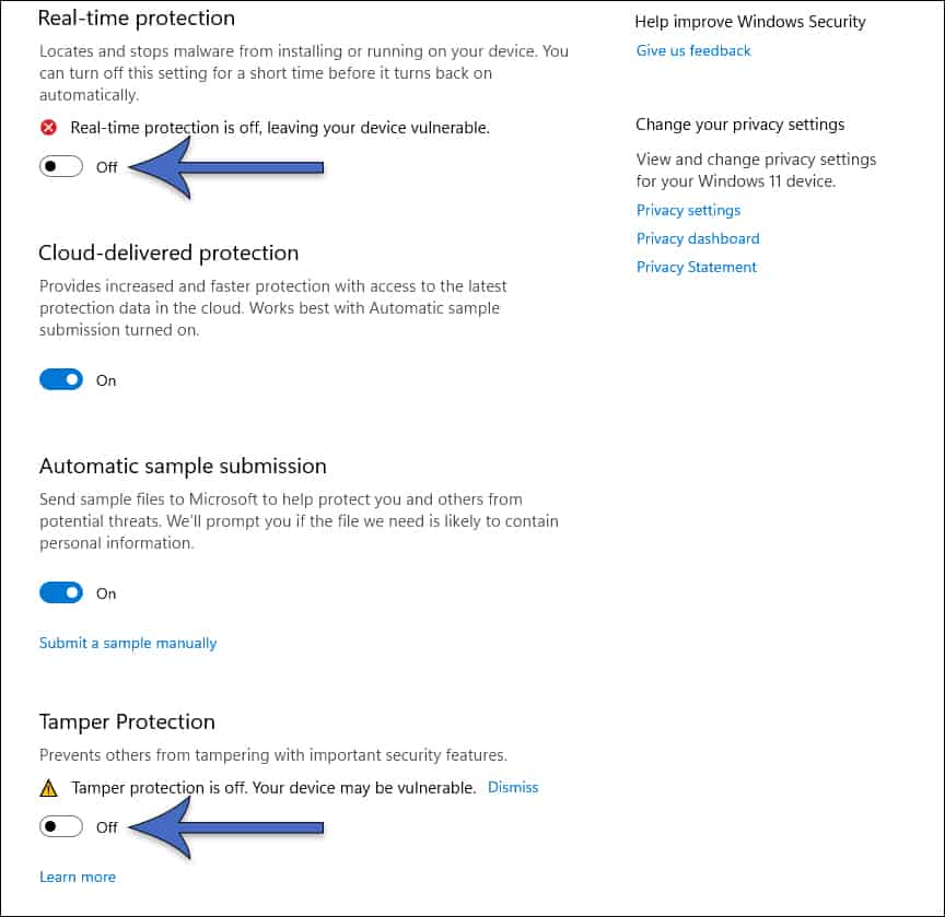How to turn off protection for Real-time and Tamper Protection in Windows 11.