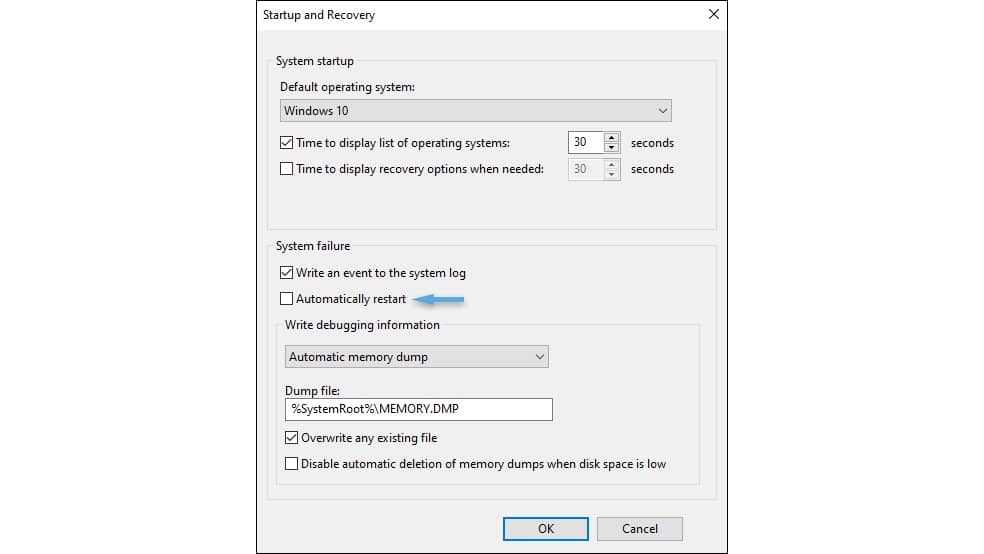 Uncheck the Automatically restart option in System Properties' Startup and Recovery settings.