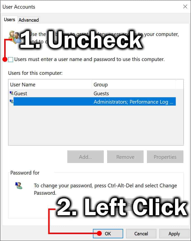 Uncheck user must enter a user name and password checkbox.