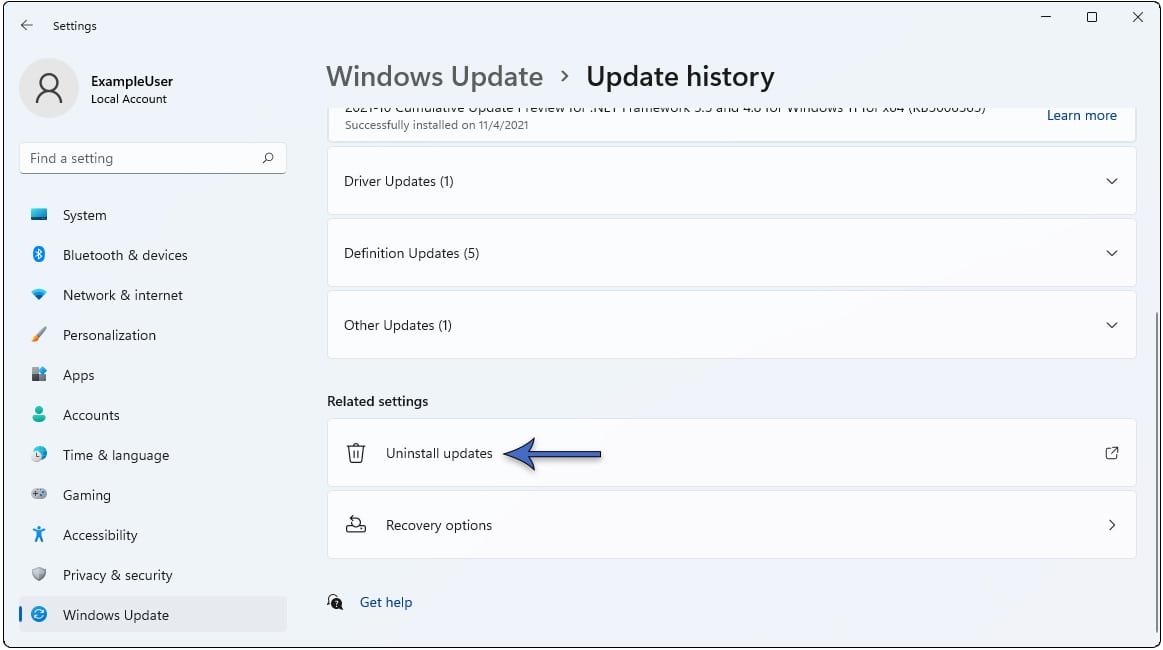 How to uninstall updates in Update history in Windows 11.