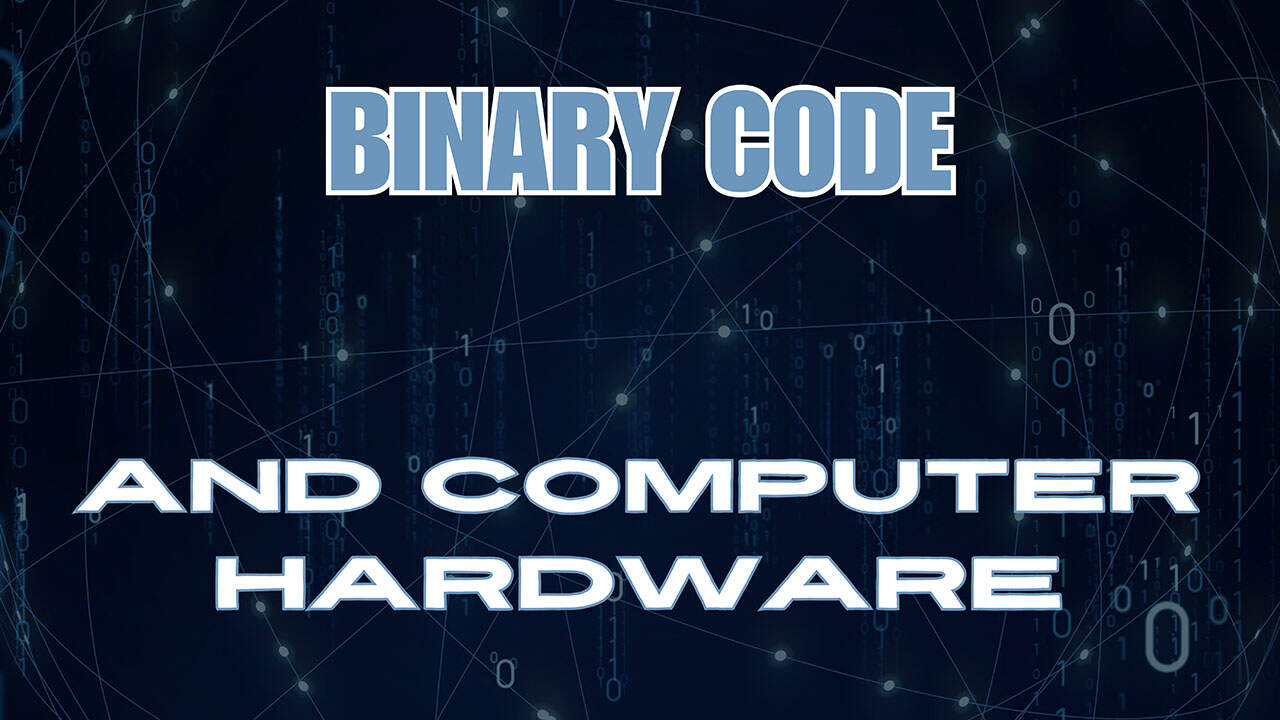 Illustration of binary code interacting with computer hardware components like CPU, RAM, and storage devices, representing the fundamental role of binary in computing.