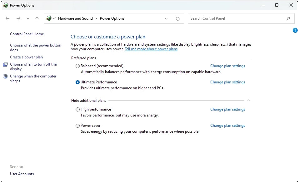 Windows 11 Control Panel Change Power Plan.