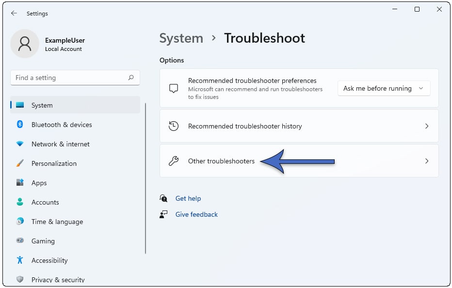 How to open the Other troubleshooters in Windows 11.