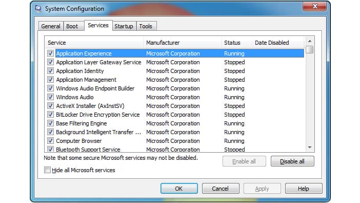 Windows 7 System Configuration options for Services.