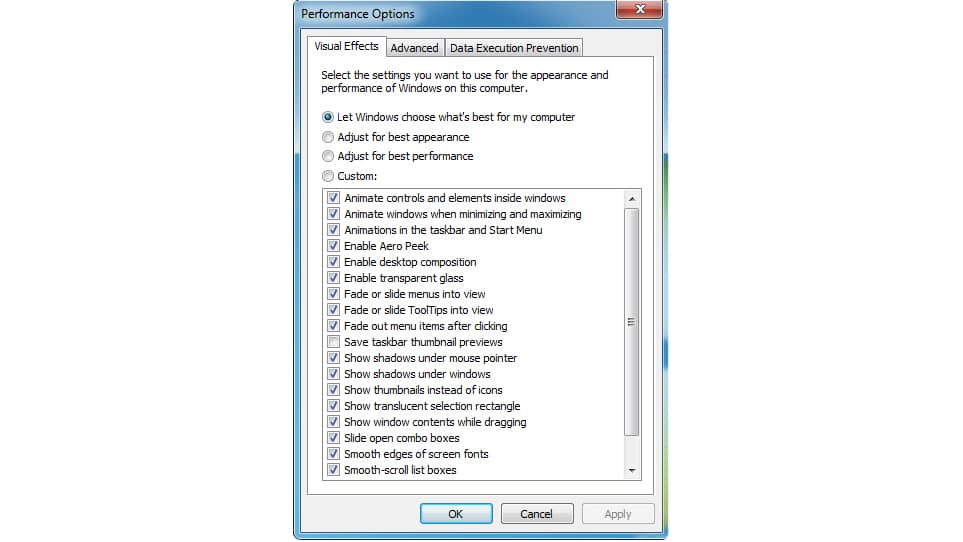 Windows 7 Visual Effects options.