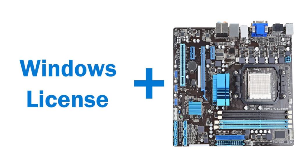 Windows license text is placed next to a motherboard.
