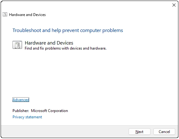 The Windows 11 Troubleshooter for Hardware.