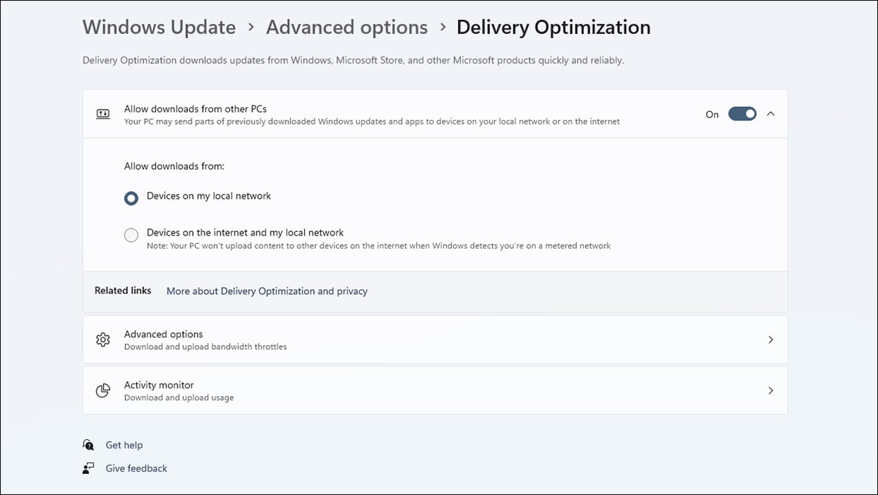 Windows Update is set for delivery optimization for devices on local network.