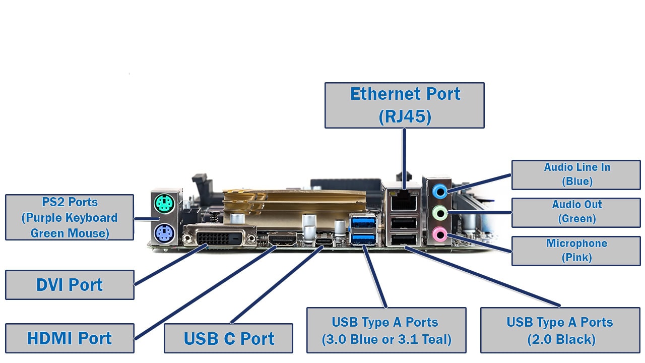 External Input/Output ports or rear connectors of a motherboard.