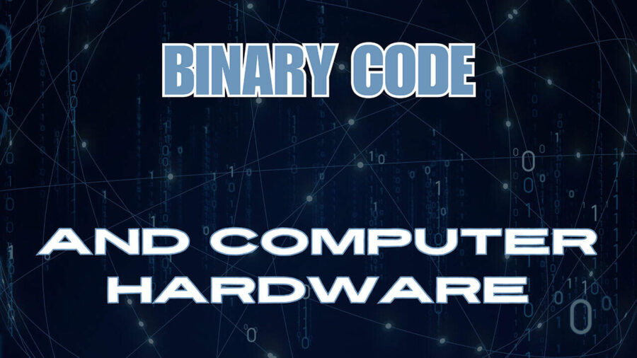 Illustration of binary code interacting with computer hardware components like CPU, RAM, and storage devices, representing the fundamental role of binary in computing.