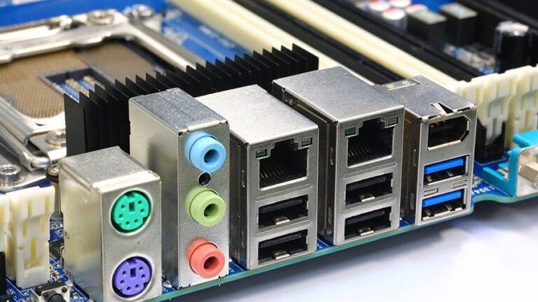 A motherboard with two ethernet ports.