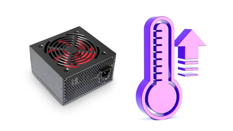 A computer power supply with thermometer placed next to it indicating high heat.