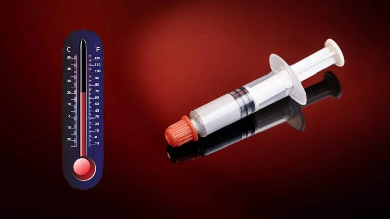 A thermal paste dispenser is placed next to a thermometer to indicate optimal conditions for storage.